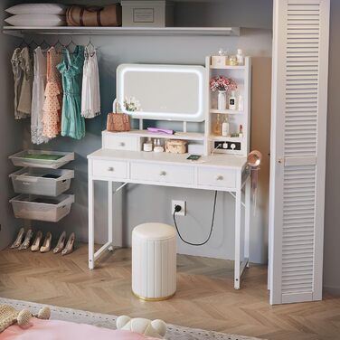 Трюмо ODK з регульованим LED-дзеркалом, туалетний столик з 4 висувними ящиками, USB-порт, білий колір, 100×40×140 см