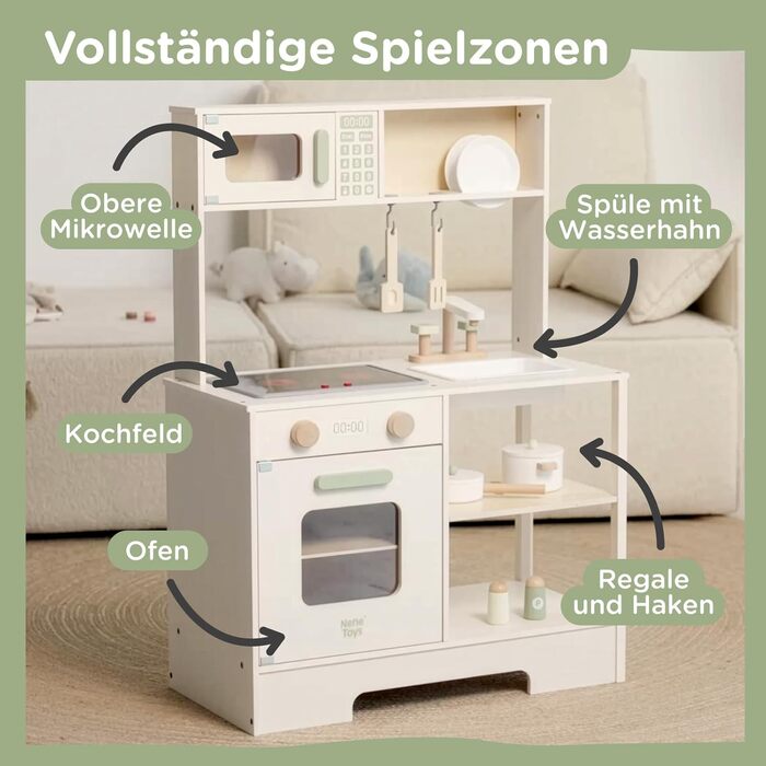 Дерев'яна дитяча кухня Nene Toys – іграшковий кухонний набір з підсвіткою та звуком, мийка, кран, мікрохвильова піч, духовка, полиці, гачки + аксесуари – іграшка Монтессорі від 3 років – подарунок для дівчаток та хлопчиків