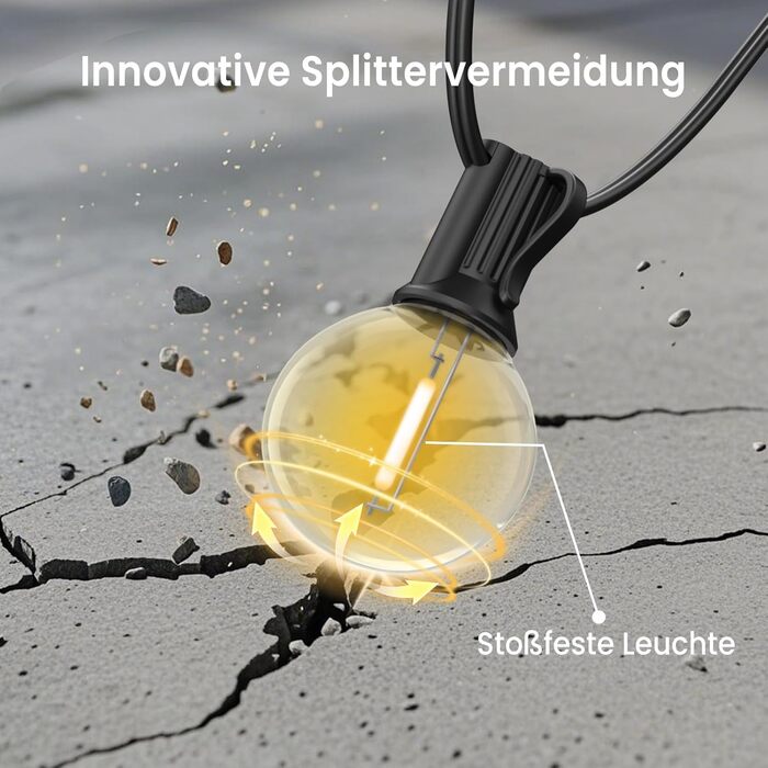 Ланцюжок прикрас для зовнішнього використання, 15м, з 25+2 LED-лампочками G40, тепле біле світло 2700K, IP65, вологостійкий, для саду, тераси, вечірок, чорний