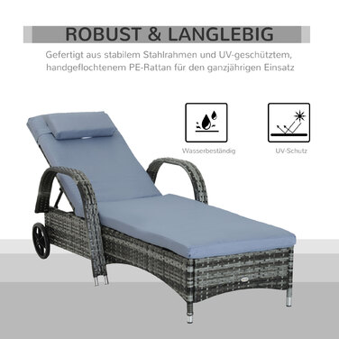 Outsunny Garden Furniture Садовий шезлонг Шезлонг мобільний з подушками, поліротанг і метал, сірий, регульований 200x73x30-103см для саду та тераси