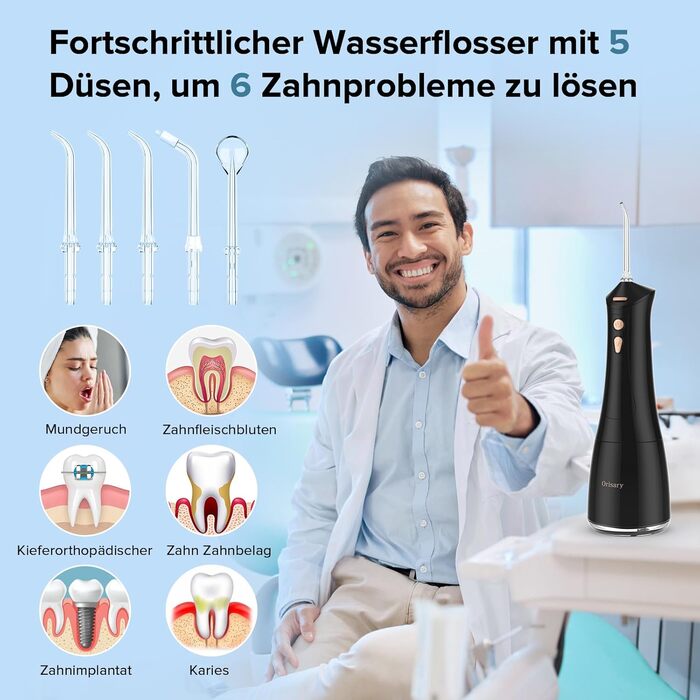 Електричний ірigator для порожнини рота Munddusche, 5 режимів, 5 насадок, 300 мл резервуар, перезаряджається, для чищення зубів та ясен, водонепроникний IPX7, чорний
