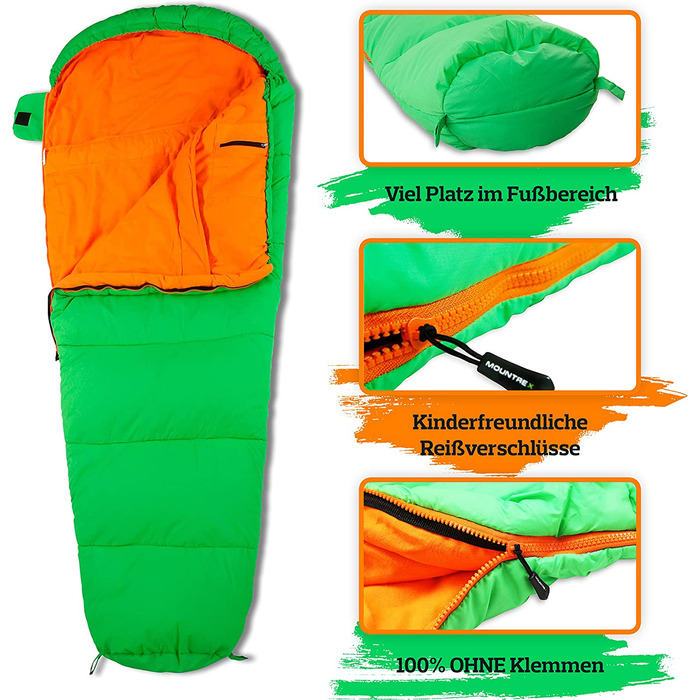 Дитячий спальний мішок MOUNTREX - портативний, як рюкзак - дитячий спальний мішок (175 x 70 x 45 см) Легкий і компактний для активного відпочинку, подорожей, наметів, кемпінгу-спальний мішок мумії-підкладка з 100 бавовни (зелений / помаранчевий, 175 x 70 