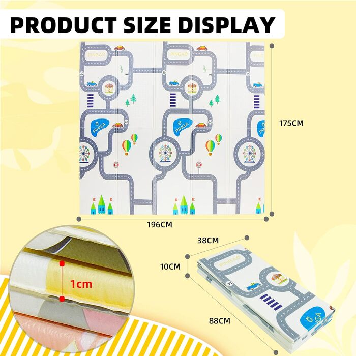 Ігровий килимок CCLIFE Ігровий килимок Дитячий нетоксичний 196x176x1 см Складний ігровий килимок Ігровий килимок Великий нековзний двосторонній двосторонній водонепроникний для приміщень Барвистий (шосе та тварини)