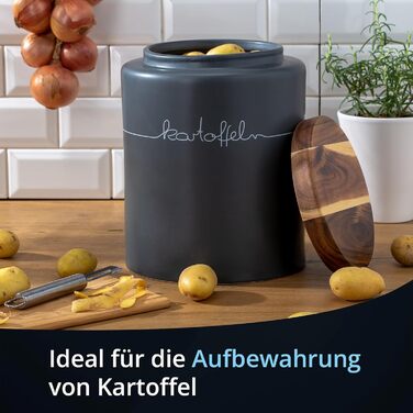 Контейнер для картоплі KHG, кераміка, сірий антрацит з дерев'яним кришкою, 4 кг, з маркуванням, висота 28/21,5 см