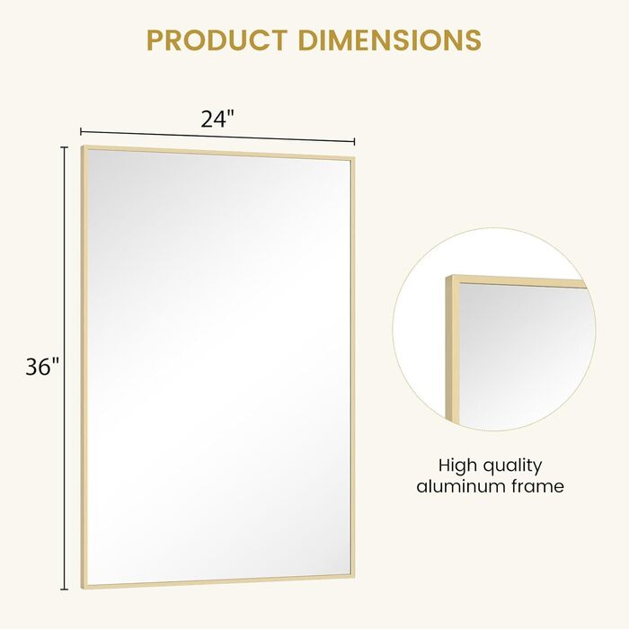 Дзеркало для ванної кімнати HOMECOOKIN 50.8 x 76.2 см з металевим каркасом, прямокутне, для встановлення над умивальником, вертикальне або горизонтальне (Золотий)