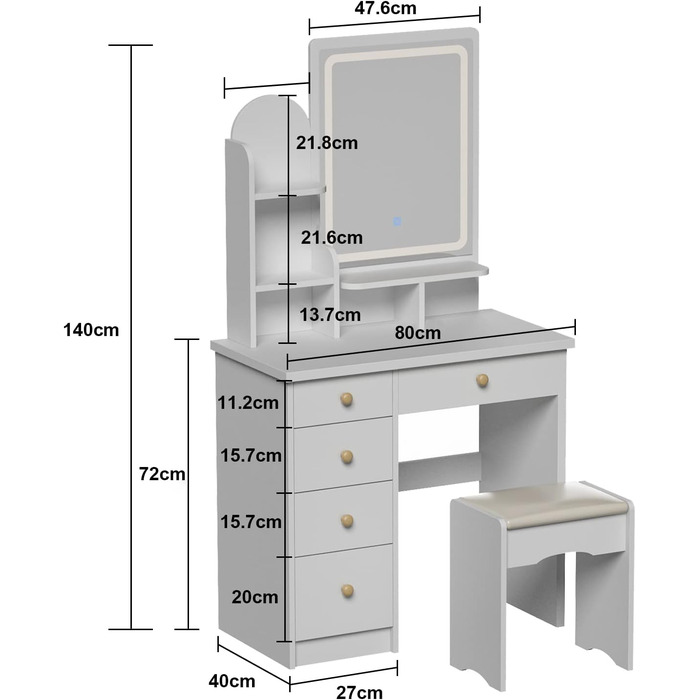 Туалетний столик з підсвічуванням, дзеркало, 5 ящиків, полички, табурет, білий, 80x40x140 см