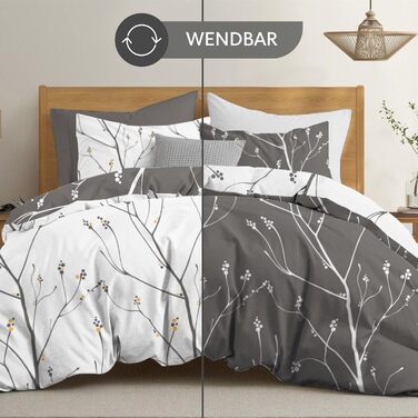 Комплект постільної білизни Dreamzie 200x200 см з 2 наволочками 80x80 см, сірий гілковий малюнок, для дорослих, 100% мікрофібра, сертифікат Oeko TEX