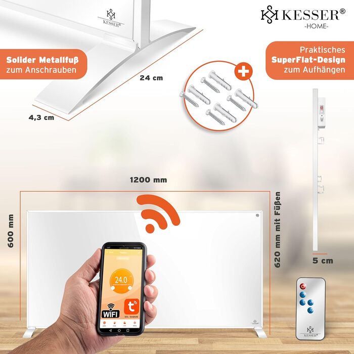 Інфрачервовий обігрівач KESSER® 700W: енергозберігаючий, з пультом та термостатом, настінний/підлоговий, білий