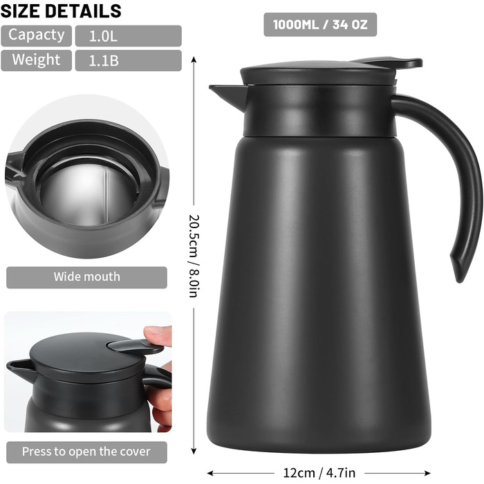 Термочашка для кави Olerd, нержавіюча сталь, ізольований кавник, двостінна вакуумна колба-термос, заварник на 1 літр, кавник, дозатор води (чорний - 1, 34 унції)