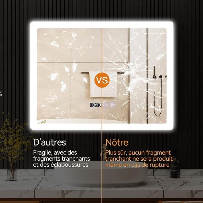 Дзеркало для ванної кімнати YU YUSING з підсвічуванням 80x60 см, LED, 3 кольори світла, регулювання яскравості, антизапар, сенсорне управління, таймер, загартоване скло, IP44 (прозоре)