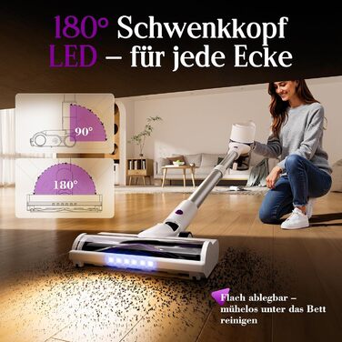 Бездротовий акумуляторний пилосос 45000 Па, 60 хв, 1,75 кг, 6-в-1 з сенсорним екраном, LED-підсвіткою, антизаплутувальною щіткою та зарядною станцією, 7-шарова фільтрація для шерсті тварин, килимів, твердих поверхонь, авто, білий з фіолетовим