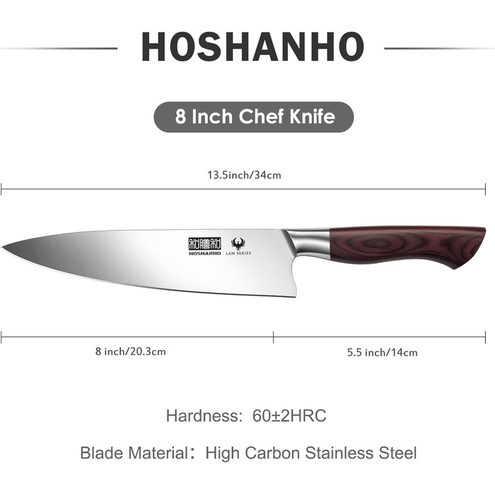 HOSHANHO 20см кухонний ніж для приготування їжі, професійний японський ніж шеф-кухаря з ергономічною ручкою, з вуглецевої нержавіючої сталі