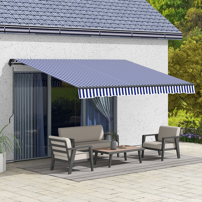 Тент Outsunny Folding Arm з ручною рукояткою, 350 x 300 см, UV30+ Сонцезахисний тент Патіо маркіза з кутом 45-85°, Балконні маркізи з водонепроникним покриттям, Настінне кріплення, Синій+Білий | Аосом