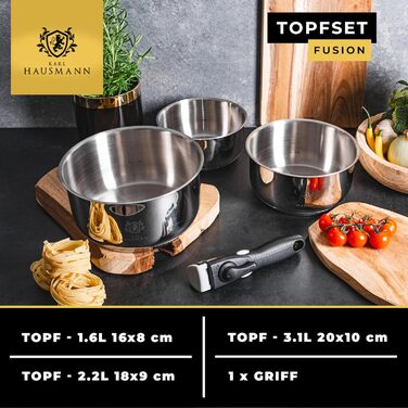 Набір каструль з знімними ручками (3 шт.) - нержавіюча сталь з покриттям - для всіх типів плит