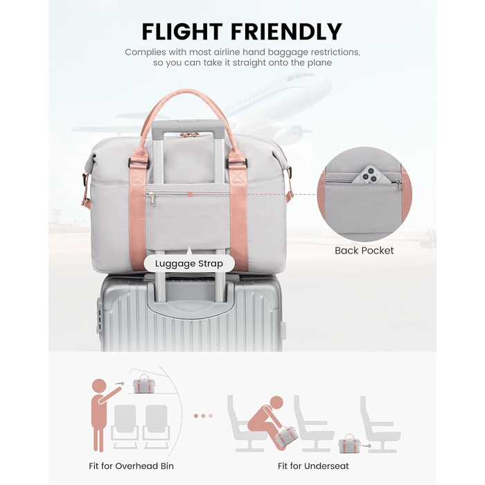 Спортивна сумка LOVEVOOK для жінок: дорожня, для плавання, фітнесу, клініки. 30L, водонепроникна, сіра + рожевий ремінець