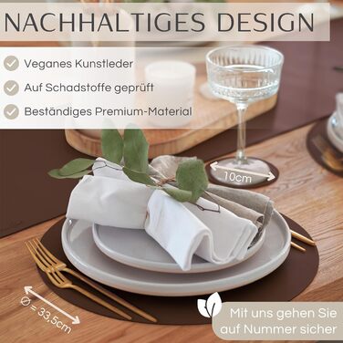 Набір Mahewa® з 6 преміум-підставників для столу з штучної шкіри - 6 шт. - Миючі та водонепроникні підставки під тарілки в шкіряному стилі (Овальні з тримачем) (Горіх, Круглі)