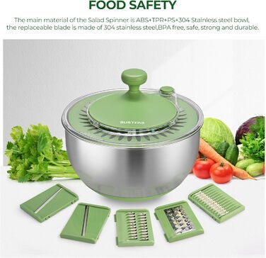 Салатниця-центрифуга з нержавіючої сталі SUSTEAS з 5 лезами, велика миска для миття овочів та фруктів, сушка для салату та зелені