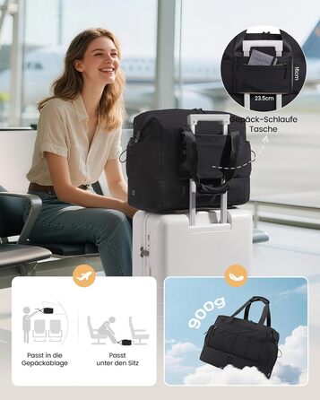 Сумка-валіза LOVEVOOK для жінок, легка, на вихідні, ручна поклажа, спортивна сумка-дуffel, водонепроникна, з відділенням для взуття (чорна, L-37л)