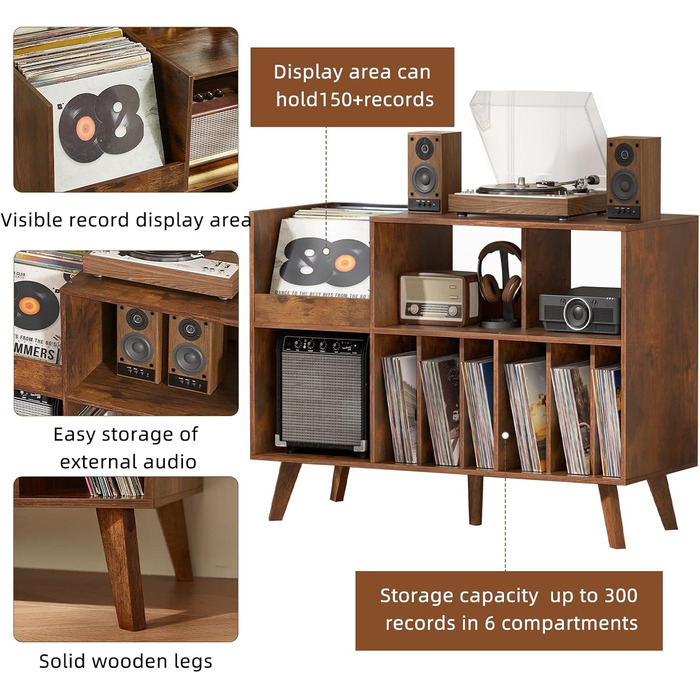 Стійка для платівок з полицями на 450 альбомів, коричнева. Підставка для вінілових платівок для музичної кімнати або вітальні