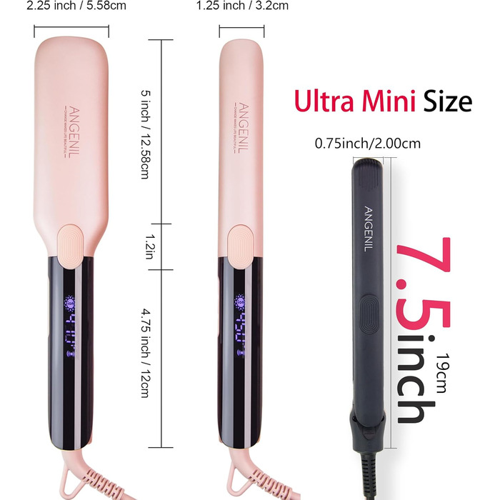 ANGENIL Pro Mini Титановий випрямляч та плойка 2-в-1 для волосся, компактний дорожній формат, швидкий нагрів 20 сек, сірий колір