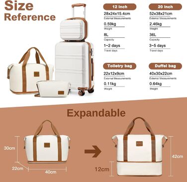 Набір валіз KONO 4 в 1: велика, ручна, косметичка та сумка для подорожей (кремово-білий)