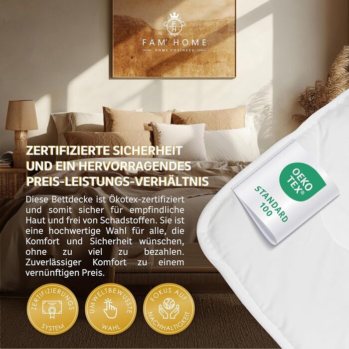 Комплект постільної білизни Fam‘ Home: ковдра 200x200 см та 2 подушки 80x80 см – для алергіків, мікрофібра, Oeko-TEX®, для 2 осіб