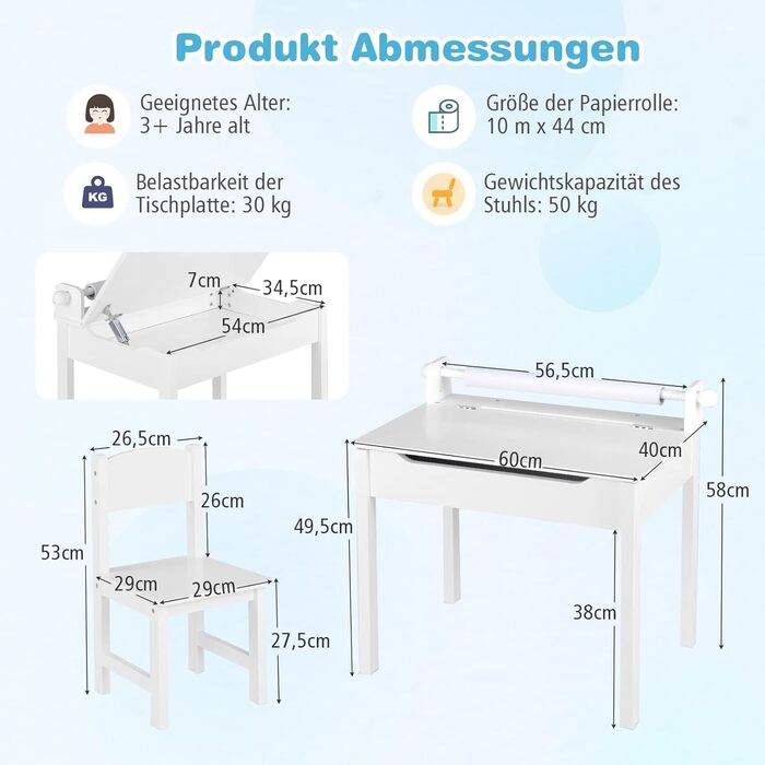 Дитячий письмовий стіл COSTWAY зі стільцем, складною стільницею, тримачем для рулону паперу та маркерами, від 3 років (Білий)
