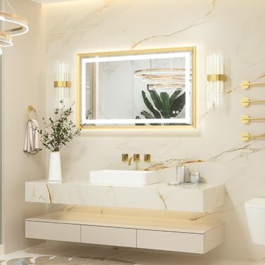 Дзеркало для ванної кімнати Keonjinn з підсвічуванням, металевий каркас 50x70 см, LED, без запотівання, сенсорне керування, 3 кольори світла, регулювання яскравості, пам'ять, настінне дзеркало (Золото, 60x100 см)