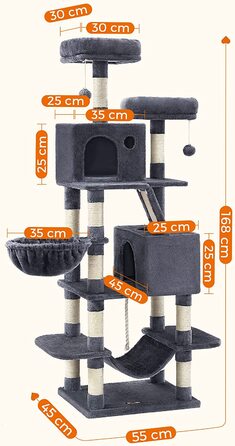 Котяче дерево, 206 см, 13 колон, 2 платформи, 2 дупла, кошик, гамак, димчасто-сірий