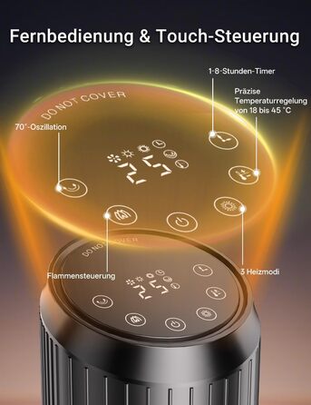 Електричний обігрівач керамічний 2000W з пультом, ефект каміну, термостат, осциляція 70°, ECO режим, 3 режими, таймер 1-8 год, захист від перегріву та перекидання, тихий для офісу та вітальні