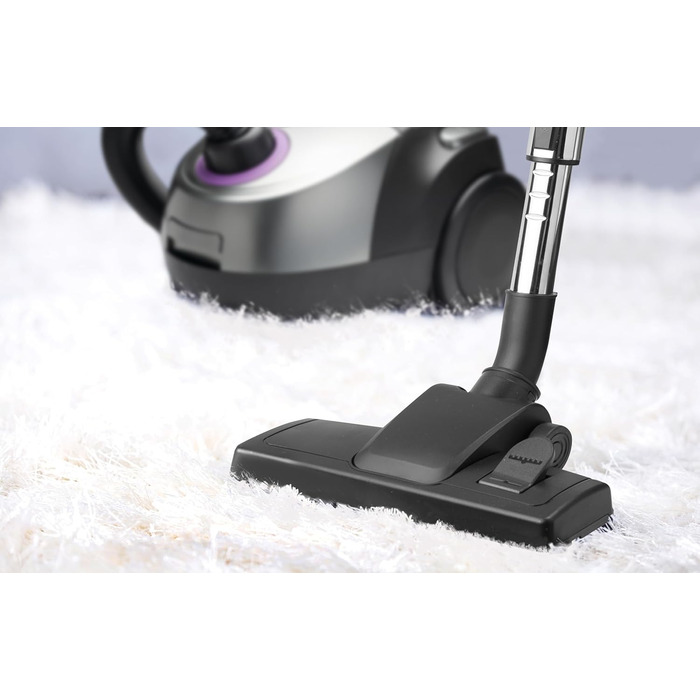 Пилсос Bestron з мішком, для прибирання підлоги, з 3 мішками, телескопічна труба 94 см, перемикач насадки для підлоги, радіус дії 7.5 м, HEPA 12 та мікрофільтр, миючий, чорний/фіолетовий