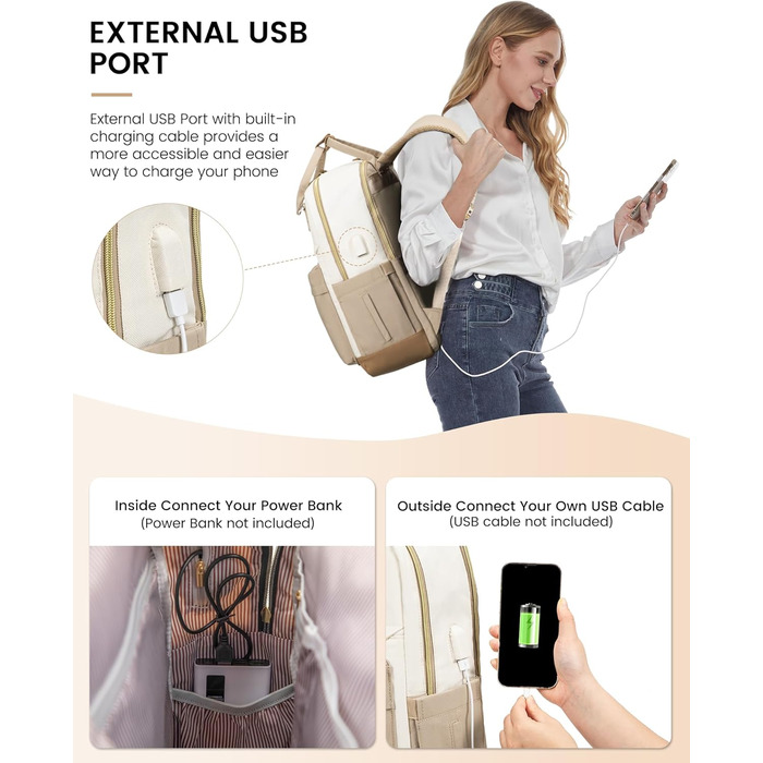 LOVEVOOK Рюкзак для жінок, 15.6 дюймів, рюкзак для ноутбука, рюкзак для подорожей, водонепроникний, сумка для роботи, рюкзак, жіноча шкільна сумка, для підлітків, дівчаток, елегантний, для школи, університету, подорожей, роботи, офісу, Бежевий, 15.6 дюймі