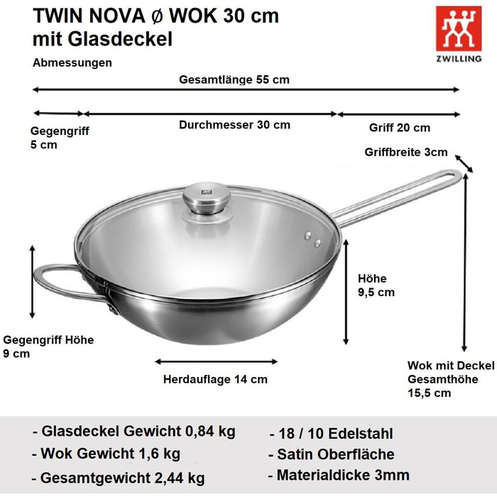 Вок Zwilling TwinNova 30 см з кришкою, 2 шт. - нержавіюча сталь, для всіх плит, не потребує покриття, стійкий до миття в посудомийній машині