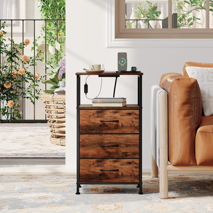 Нічний столик Somdot з підзарядкою, LED, розеткою (USB, Type-C) для спальні, вітальні, дитячої кімнати. Нічний столик, тумбочка, 30x40x60 (2 висувні ящики), деревоподібний масив, 2