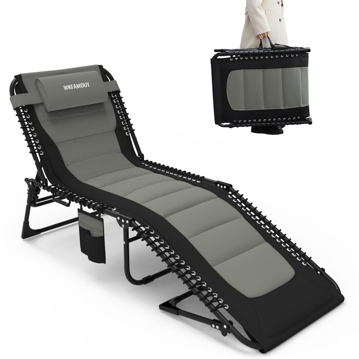 Велике розкладне шезлонге для саду: Outdoor, XXL, 5 положень спинки, до 150 кг, з подушкою та кишенею, 200x68 см, сірий