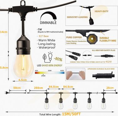 LED гірлянда 15м для дому та саду з цоколем E27, IP65, 2700K, тепле світло