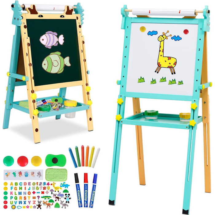Дитяча мольберт Kinder-Kunst з підставкою для рулонів паперу, двосторонній, регульована висота 81–110 см, дошка для маркерів та крейди, мольберт-підставка з цифрами та аксесуарами, набір для малювання для малюків
