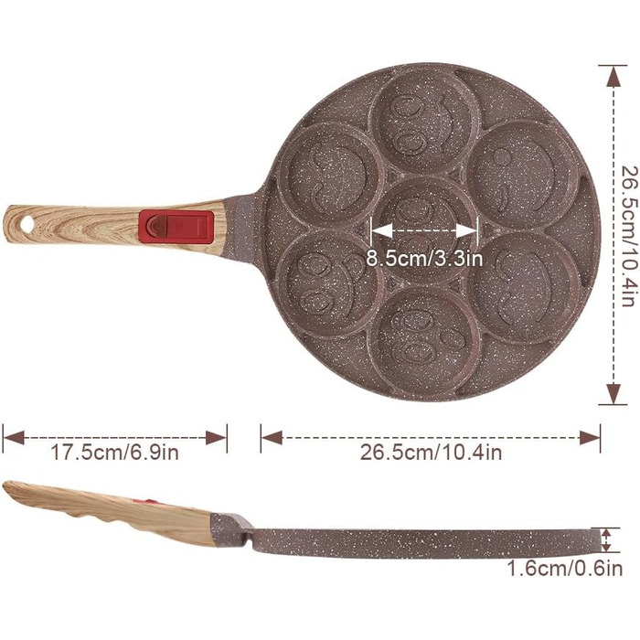 Пан для млинців з антипригарним покриттям, 7 отворів, знімний ручка, для приготування яєць та дитячого сніданку (Колір: Коричневий, для індукційних плит)