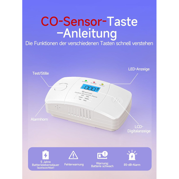 Датчик CO Heimann 722ESY з Wi-Fi, 10 років служби, сумісний з Tuya/SmartLife, EN50291