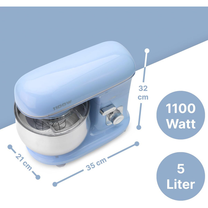 Кухонна машина Clatronic KM 3711 (Блакитна) 1100 Вт, 5л, з гаками для тіста та міксером | Кухонний комбайн для тіста та міксера