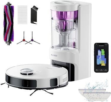 Робот-пилосос EUREKA E10s 2.Gen з вологою тканиною + станція самоочищення (4000Pa, автовиявлення килима, підйом мопа, LiDAR-навігація, ідеально для видалення шерсті тварин, керування через додаток/голос) (білий)