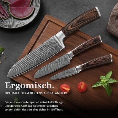 Набір кухонних ножів Wakoli EDIB 3 шт. з дамаської сталі (серцевина VG10) у дерев'яній подарунковій коробці – гострі та ергономічні – набір дамаських ножів з ручками з паккавуда