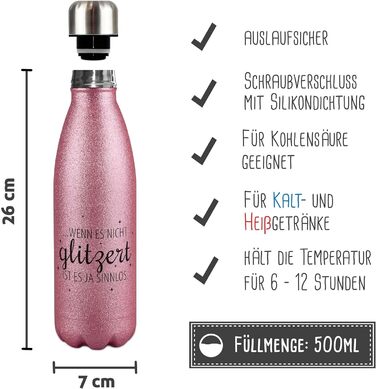 Блискуча пляшка для води - Якщо це не блискуче, це безглуздо - Пляшка-термос, пляшка для води без бісфенолу А, подарунок для подруги, жінок, блискітки, подорожі, спорт i нержавіюча сталь 500 мл, (рожевий)