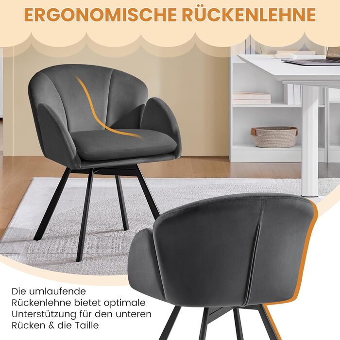 Офісний стілець Yaheetech 360° обертовий, оксамитовий, з подвійним сидінням, крісло для макіяжу, для офісу/спальні/вітальні, темно-сірий