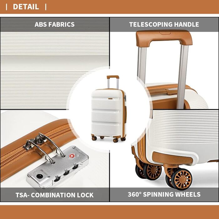 KONO Валіза ручної поклажі: жорсткий корпус, поліпропілен, TSA-замок, 4 колеса, кремовий колір