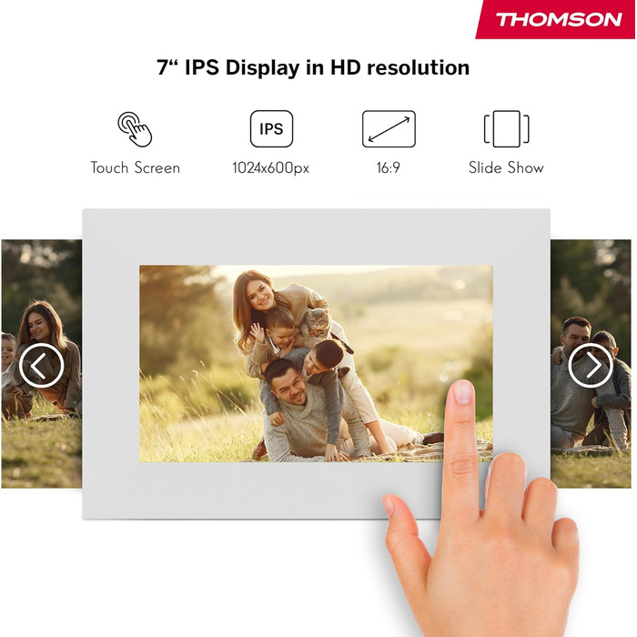 Рамка для фото Thomson Fotorahmen – 7 дюймів, IPS Full HD, сенсорний екран, 32 GB, автоматичне обертання, Wi-Fi, iOS, Android, білий