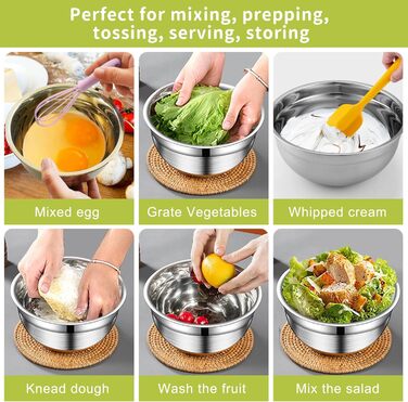 Набір міксерів YlYADl (31 предмет) - 6 нержавіючої сталі миски з кришкою та силіконовим дном (0.8-2.9L), стекові, 3 насадки-тертки