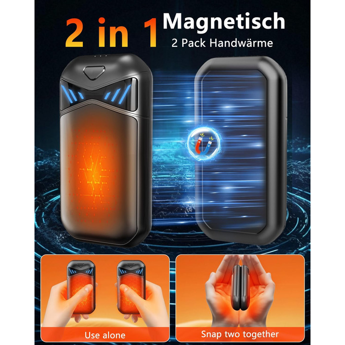 Електричні грілки для рук DDKJ, 2 шт., 7000mAh, магнітні, з 3 рівнями нагріву до 55°C, для дітей, чоловіків та жінок (чорні)