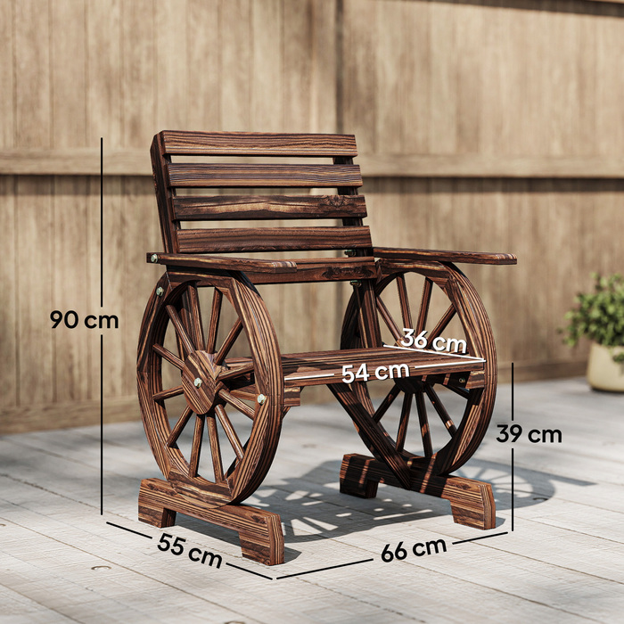 Садовий стілець з дерева, садове крісло з дизайном коліс воза, дерев'яний стілець у сільському стилі, обпалений