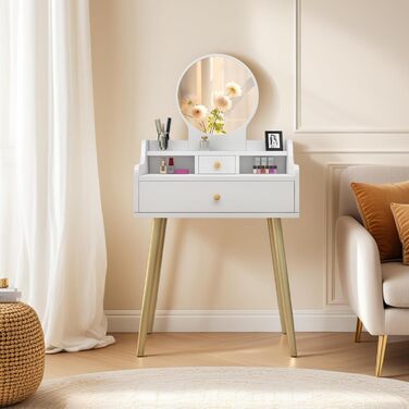 Дзеркальний туалетний столик DATO з LED-підсвічуванням, 3 режими кольору та регулюванням яскравості, з пуфом, 5 шухляд та 3 полиці, розсувний дзеркало (121)